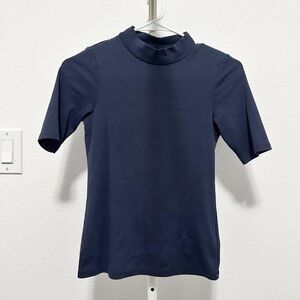 1*1 Ribbed Cotton High-Neck Half-Sleeve T-Shirt in Blue
